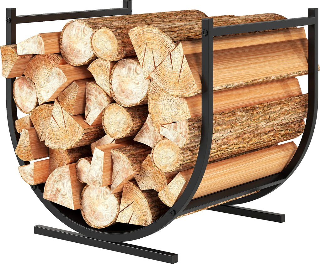 Porta-lenha curvo e robusto para interior e exterior, estrutura em metal, 43 x 33 x 38 cm, preto