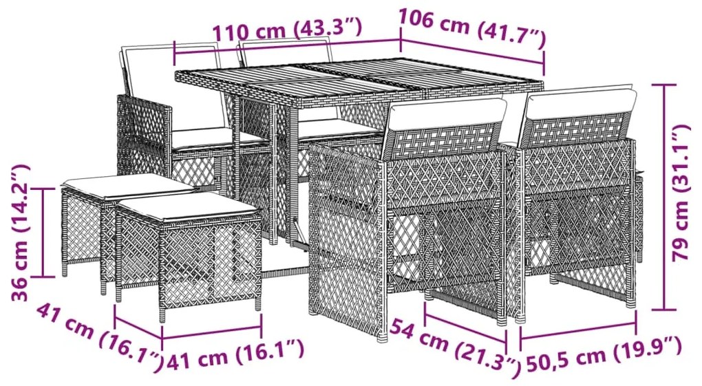 9 pcs conjunto de jantar p/ jardim c/ almofadões vime PE cinza