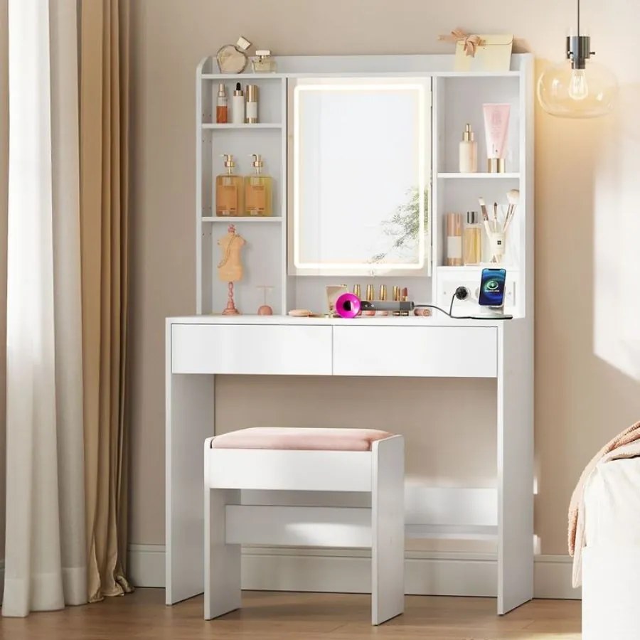 Toucador com espelho LED (BANCO NÃO INCLUIDO) regulável, 2 gavetas 40 x 90 x 145 cm Coleção Kailyn, branca