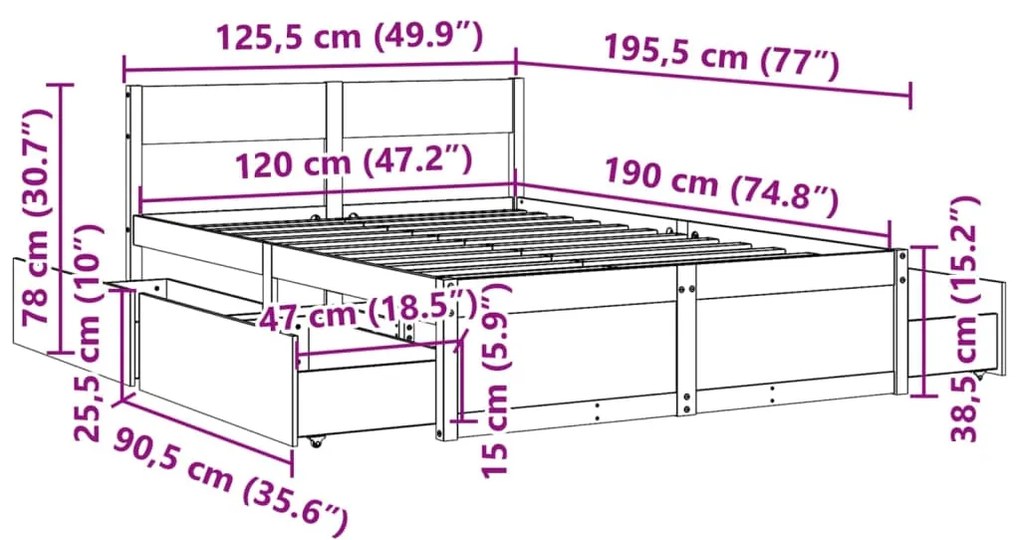 Cama sem colchão 120x190 cm madeira pinho maciça castanho-mel