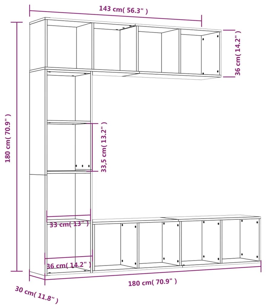 3 pcs conjunto estante/móvel TV 180x30x180 cm carvalho fumado