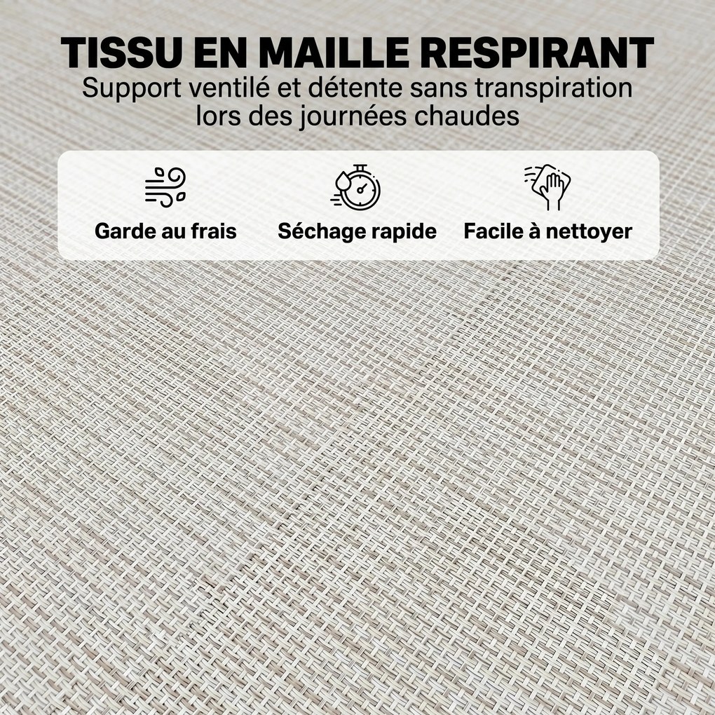 Conjunto de 2 espreguiçadeiras dobráveis com encosto reclinável em várias posições, em aço, com tiras elásticas e tecido textilene creme