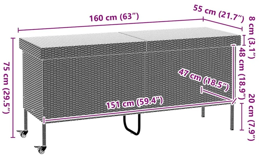 Caixa de arrumação com rodas 160x55x75 cm vime PE castanho