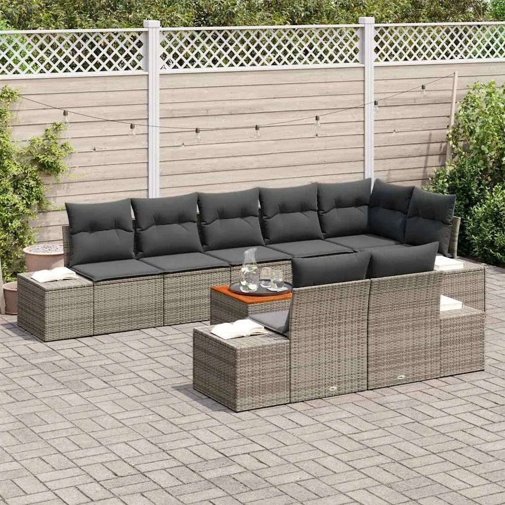 Conjunto de Sofá de Jardim 9 Peças com Almofadas Cinzas em Rattan de P
