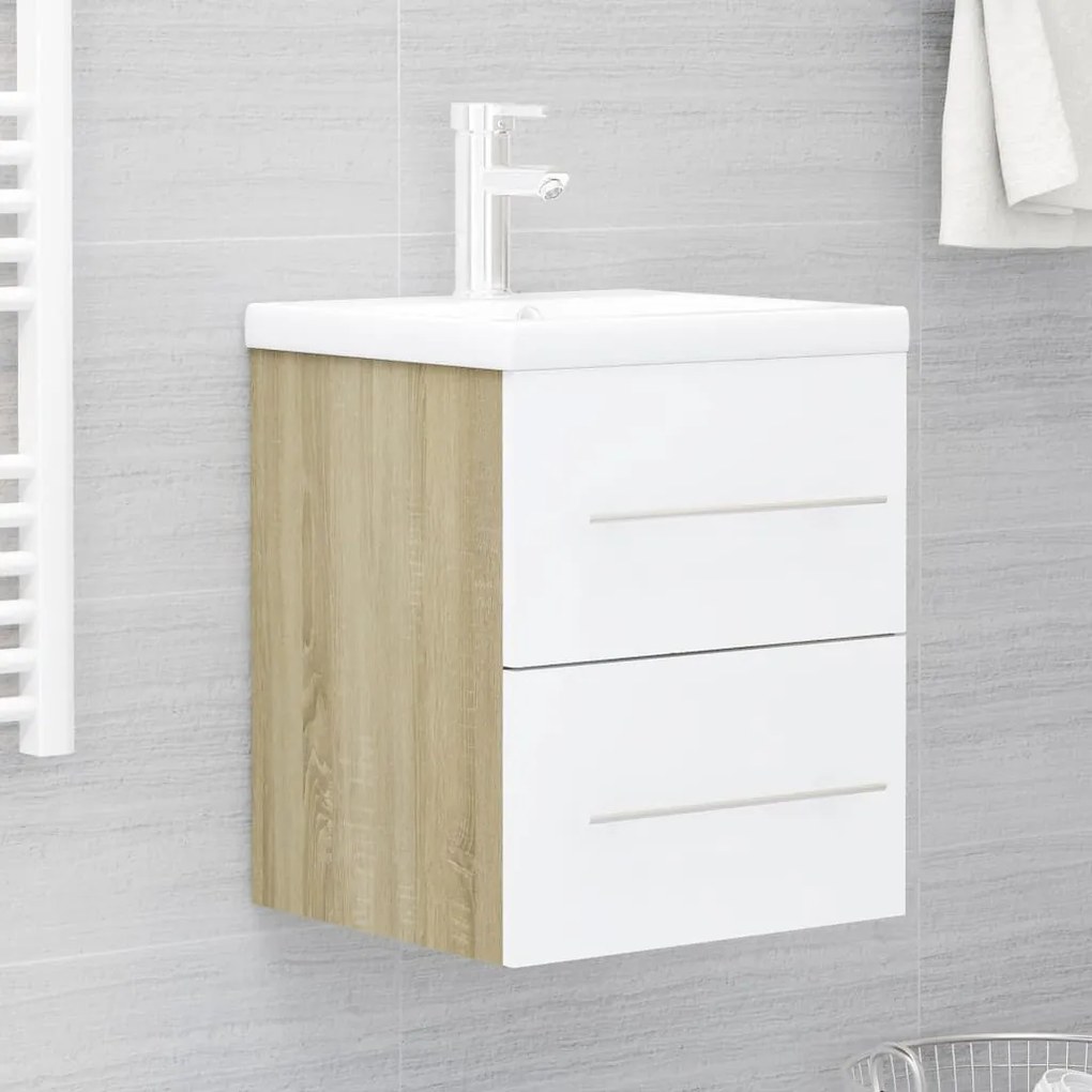 vidaXL Armário lavatório + lavatório embutido contrap. branco e sonoma