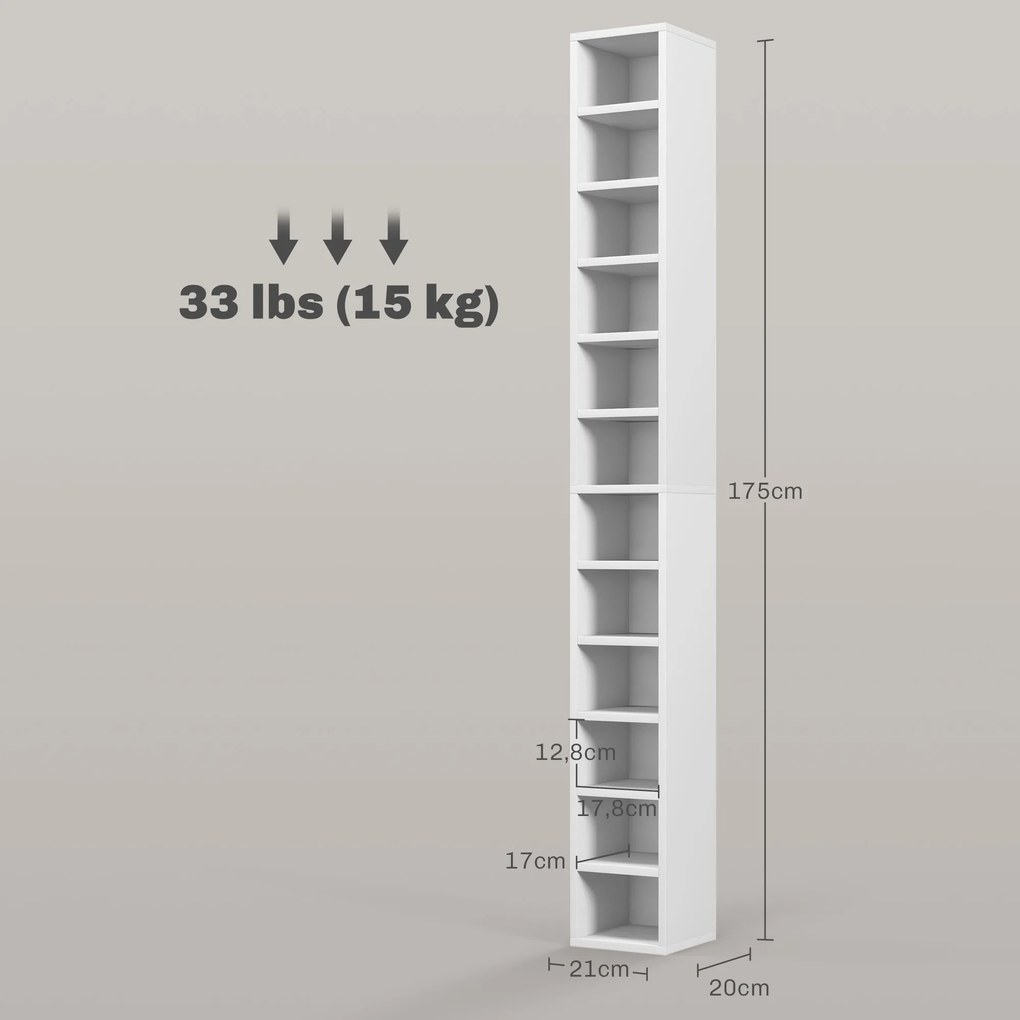 Organizador para CDs e DVDs com 12 compartimentos, capacidade máxima de 204 CDs, 21 x 20 x 175 cm, branco