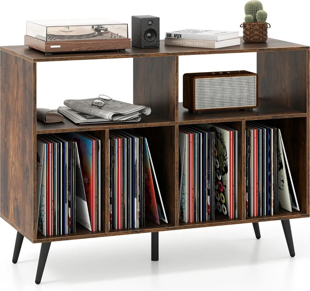 Suporte para gira-discos e discos vinil com 2 prateleiras abertas e 4 compartimentos para sala de estar ou quarto 100 x 40 x 74,5 cm Castanho e preto