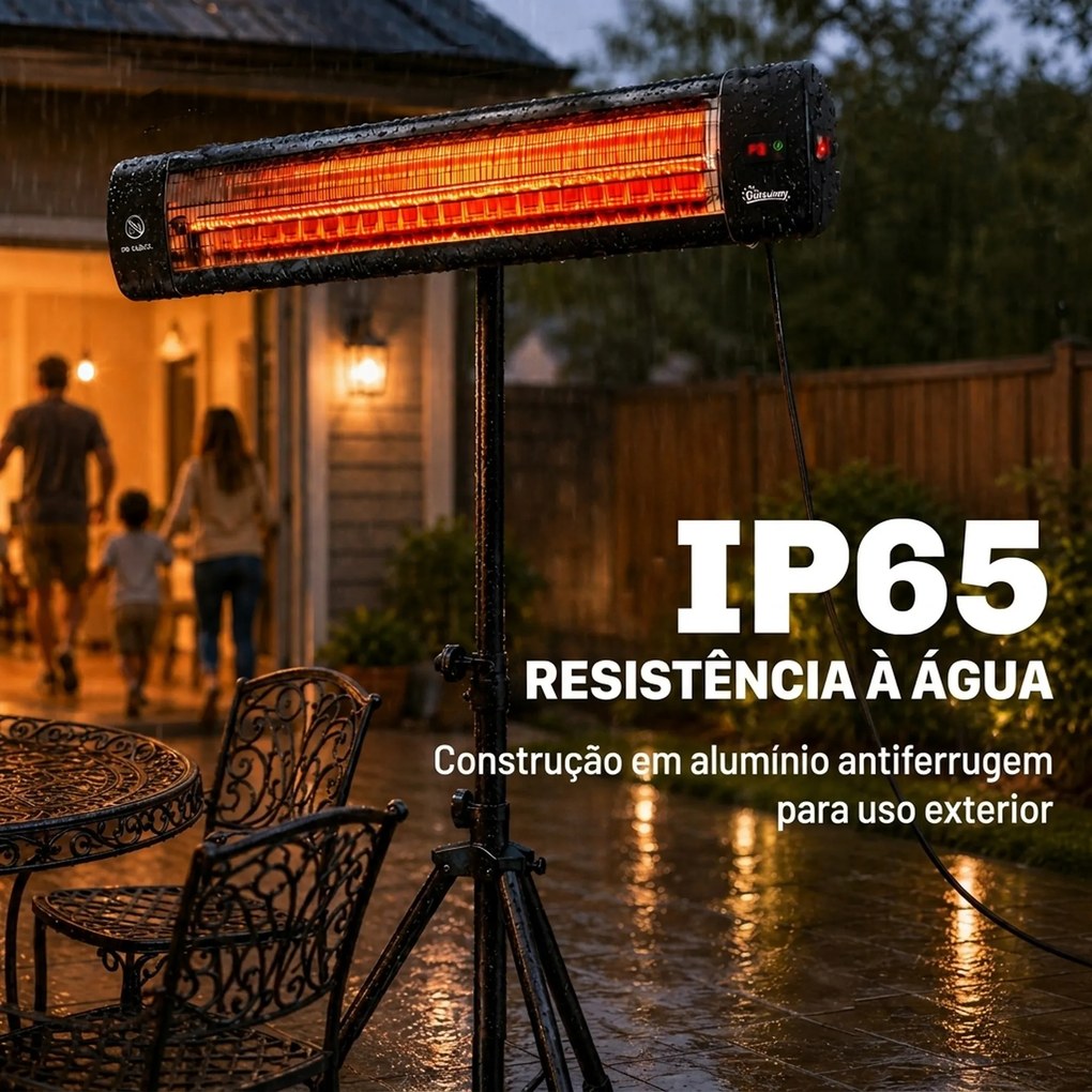 Aquecedor de Infravermelhos para Terraço de Pé 2500 W Tripé Regulável IP65 Controlo Tátil/Remoto 3 Níveis de Calor Temporizador