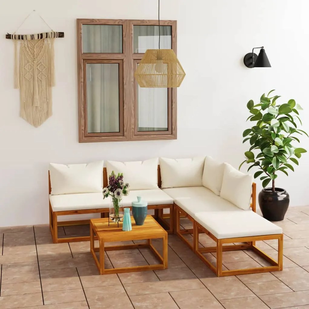 6 pcs conjunto lounge jardim c/ almofadões acácia maciça creme