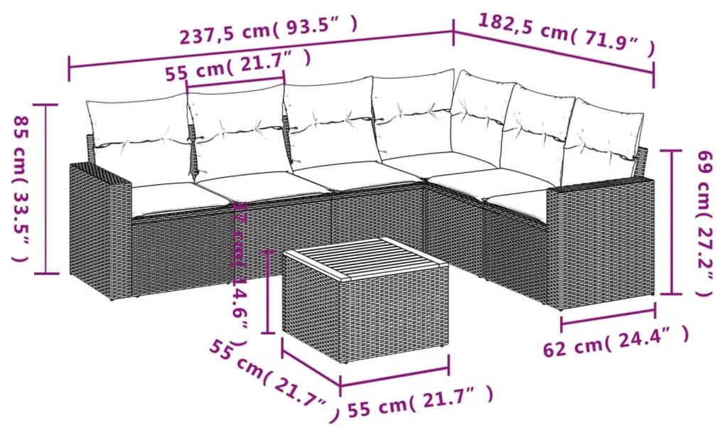 7 pcs conjunto sofás p/ jardim c/ almofadões vime PE cinzento