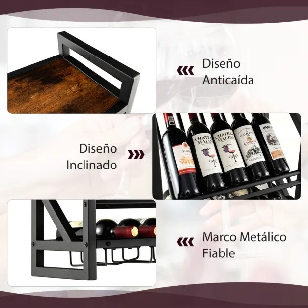 Garrafeira Porta-garrafas de vinho montado na parede Garrafeira com porta-garrafas 2 camadas 3 filas de suportes de cozinha 51 x 26,5 x 60 cm Castanho