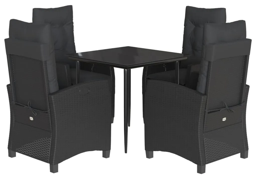 5 pcs conjunto de jantar p/ jardim c/ almofadões vime PE preto