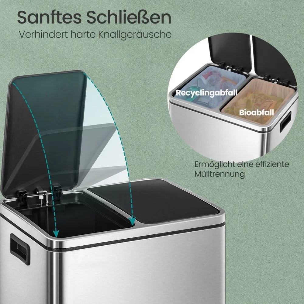 Caixote do lixo com 2 compartimentos 41 x 31,5 x 47 cm prateado