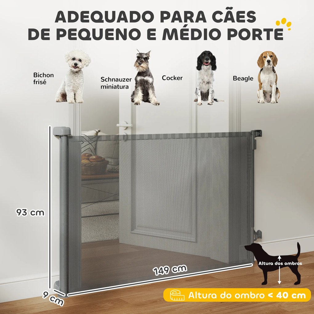 Barreira de Segurança Retrátil para Cães Extensível até 140 cm de Largura para Escadas e Portas Cinzento