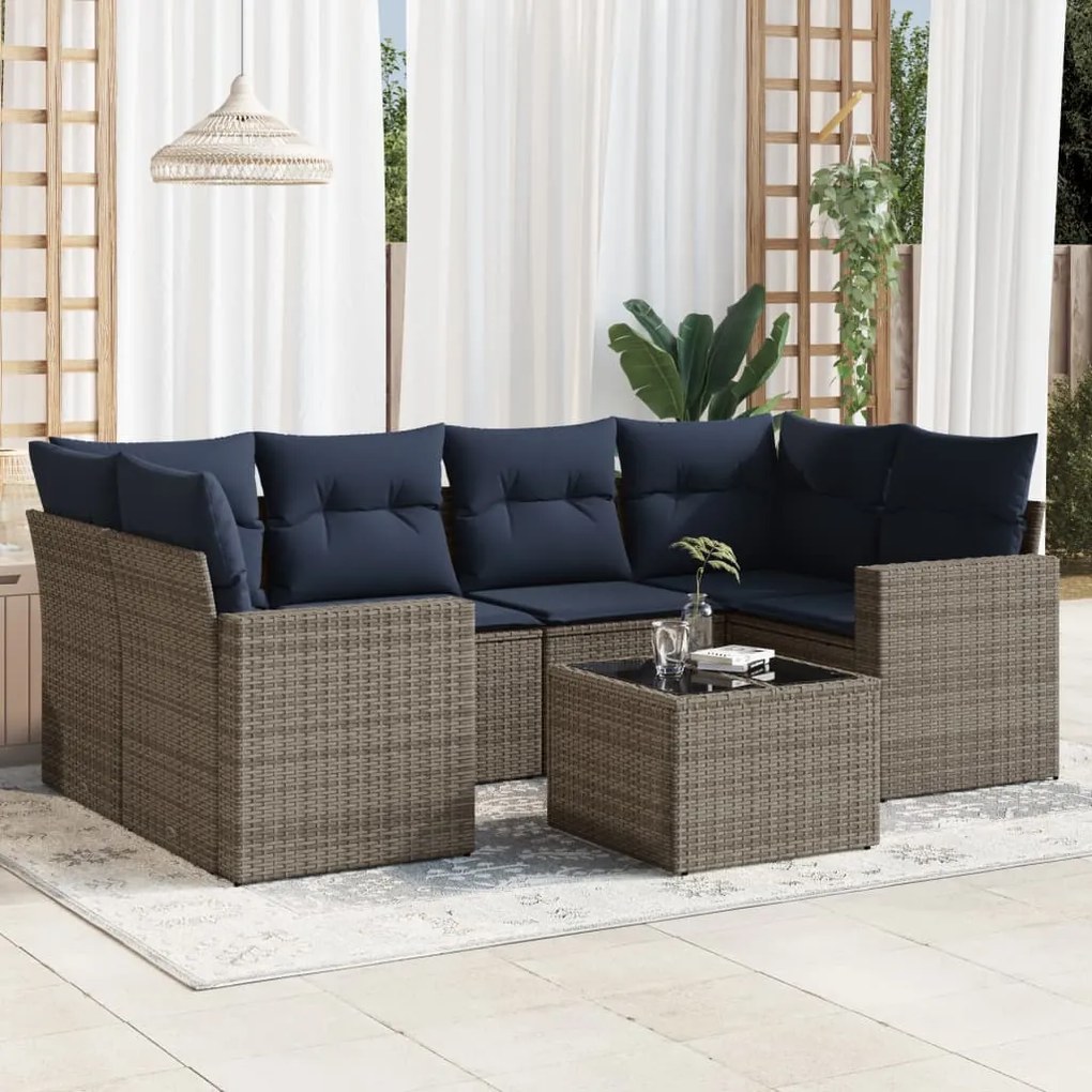 vidaXL 7 pcs conjunto sofás p/ jardim c/ almofadões vime PE cinzento