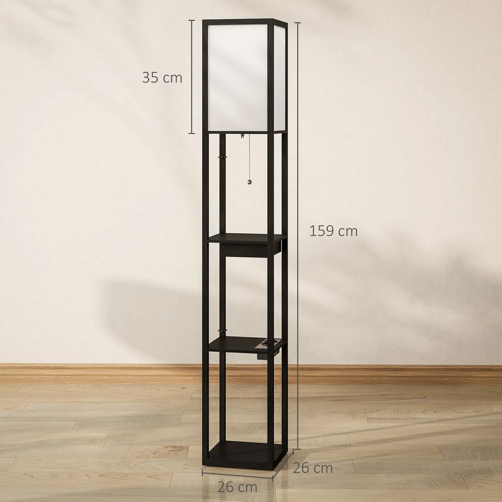 Candeeiro de pé com prateleiras 26 x 26 x 159 cm, moderno, com LED e portas USB A+C, interruptor de pé para sala de estar, quarto, escritório, preto