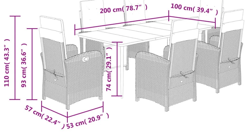 7 pcs conjunto jantar p/ jardim c/ almofadões vime PE castanho