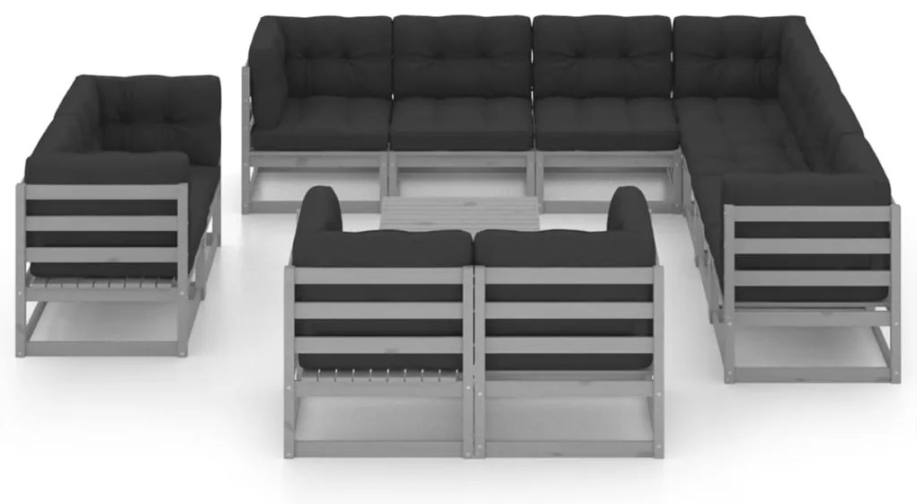 12pcs conjunto lounge de jardim + almofadões pinho maciço cinza