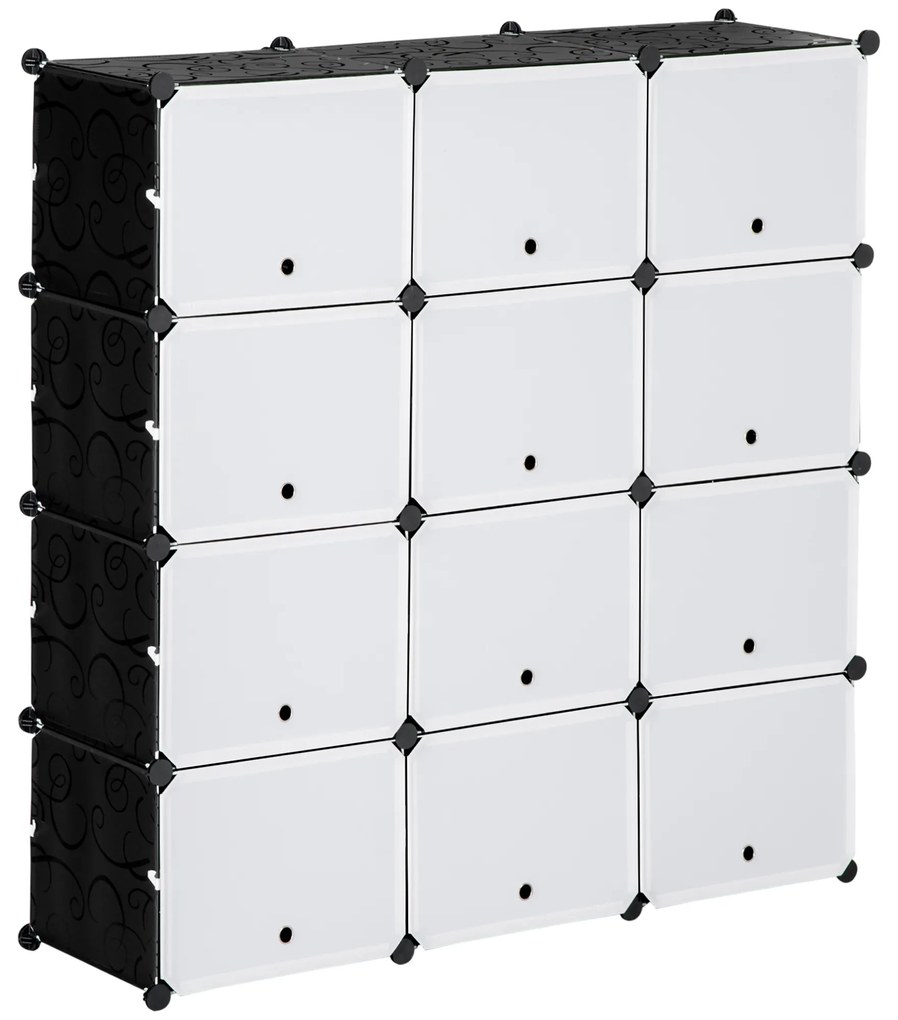 HOMCOM Armário Modular de Plástico Armário com 12 Cubos Organizadores de Sapatos Roupas Brinquedos 125x32x125cm Branco e Preto | Aosom Portugal