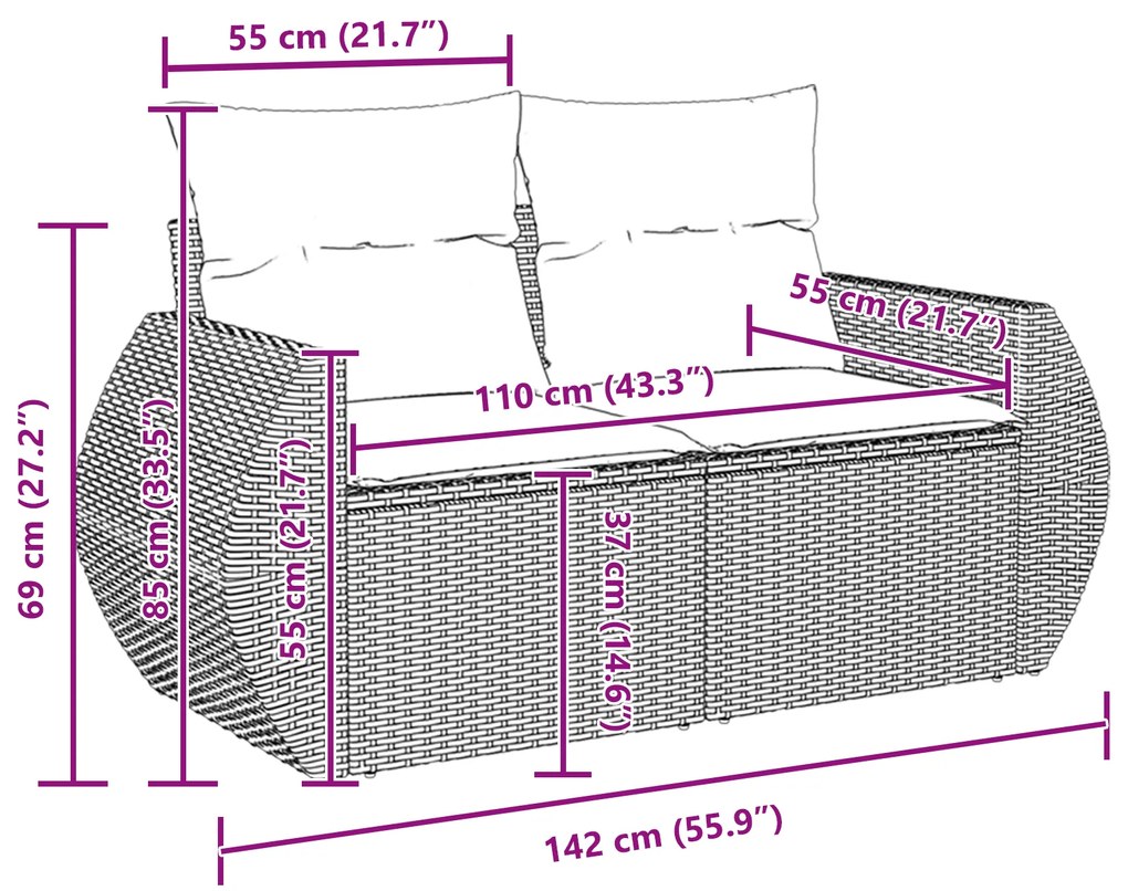 Conjunto de Sofás de Jardim de 14 Peças com Almofadas Rattan Poliéster