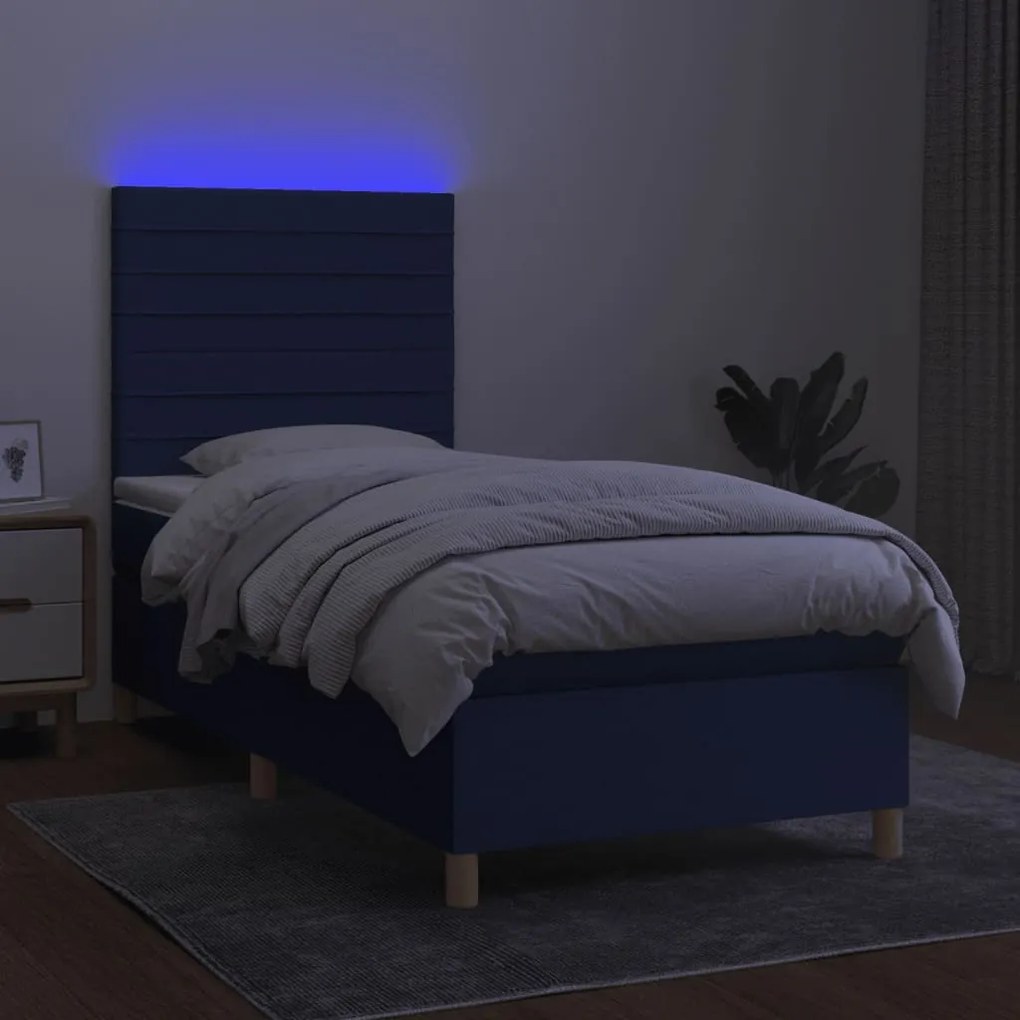 Cama box spring c/ colchão e LED 100x200 cm tecido azul