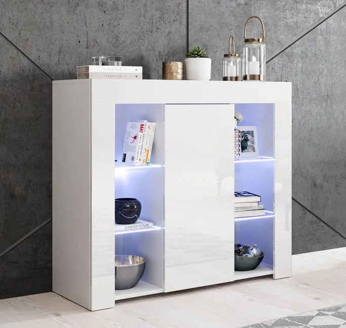 Aparador "Lucrecia" com Luz LED - 94x83x35 cm - Branco Brilhante - Des