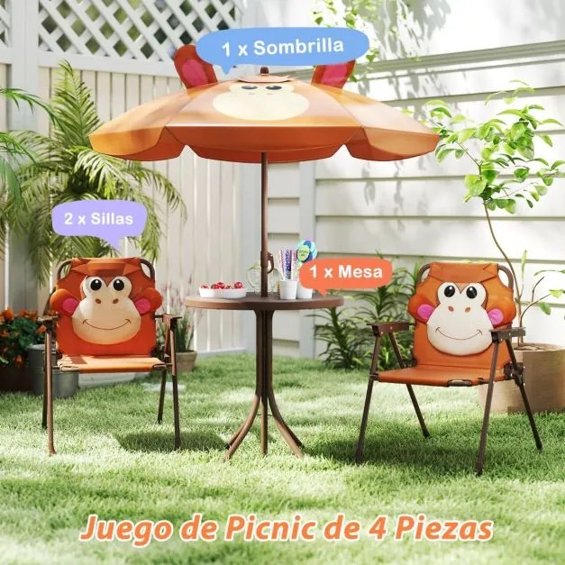 Conjunto de piquenique para crianças 3-6 anos Mesa de atividades ao ar livre com 2 cadeiras dobráveis e guarda-sol ajustável em altura Castanho