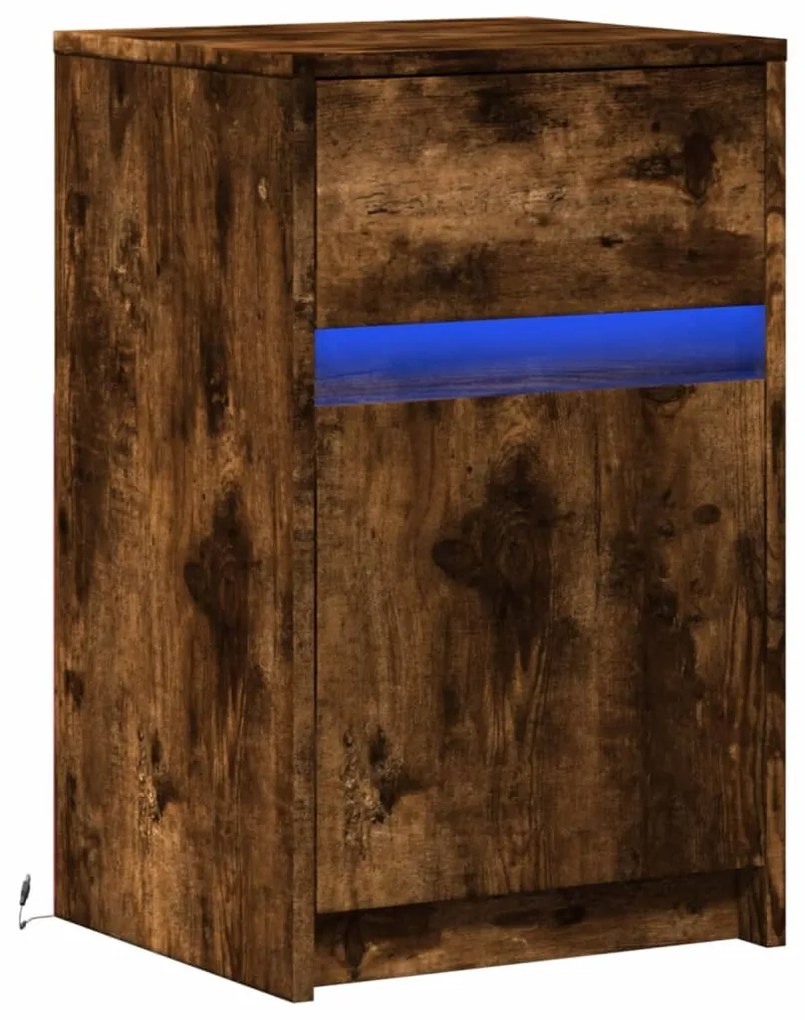 Mesa cabeceira c/ luzes LED derivados madeira carvalho fumado