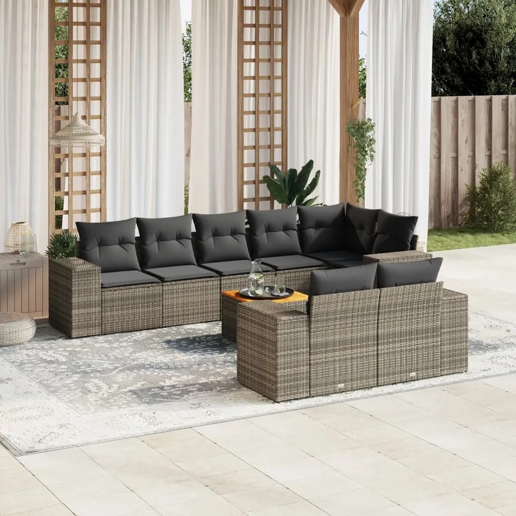 9 pcs conjunto sofás p/ jardim com almofadões vime PE cinzento