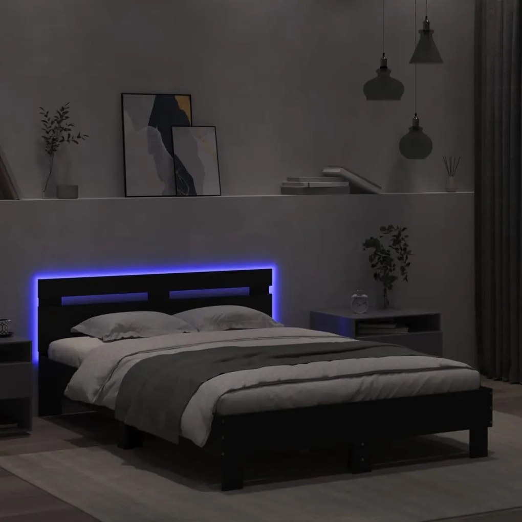 Estrutura de cama com cabeceira e luzes LED 120x190 cm preto