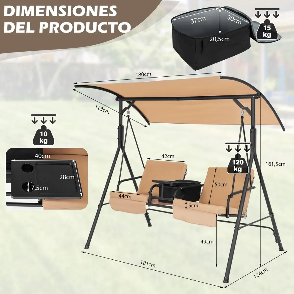 Baloiço de jardim para 2 pessoas com Toldo ajustável e Saco térmico, Bandeja giratória e almofadas amovíveis para jardim e varanda Castanho