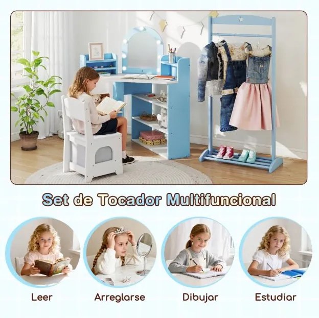 Toucador infantil de canto com luzes e cadeira princesa com 3 estantes de armazenamento 5 compartimentos abertos Acessórios Branco e Azul