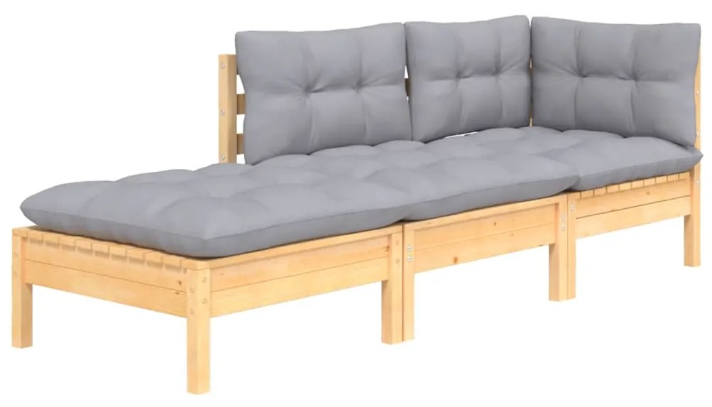 3pcs conjunto lounge de jardim c/ almofadões cinza pinho maciço