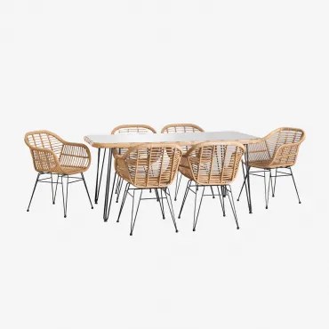Conjunto De Mesa Retangular 180x90 Cm Leribert E 6 Cadeiras De Jardim Em Rattan Sintético Zole Natural & Sem Almofada - Sklum