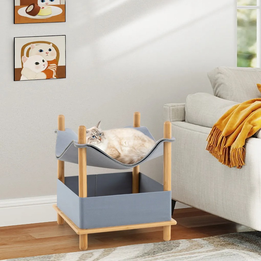 Cama para gatos de madeira de 2 níveis moderna com compartimento semi-fechado Cinzento