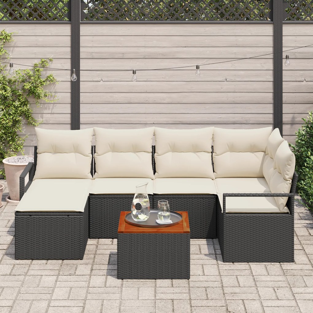 Conjunto de Sofás de Jardim de 7 Peças com Almofadas Vime Preto Acácia