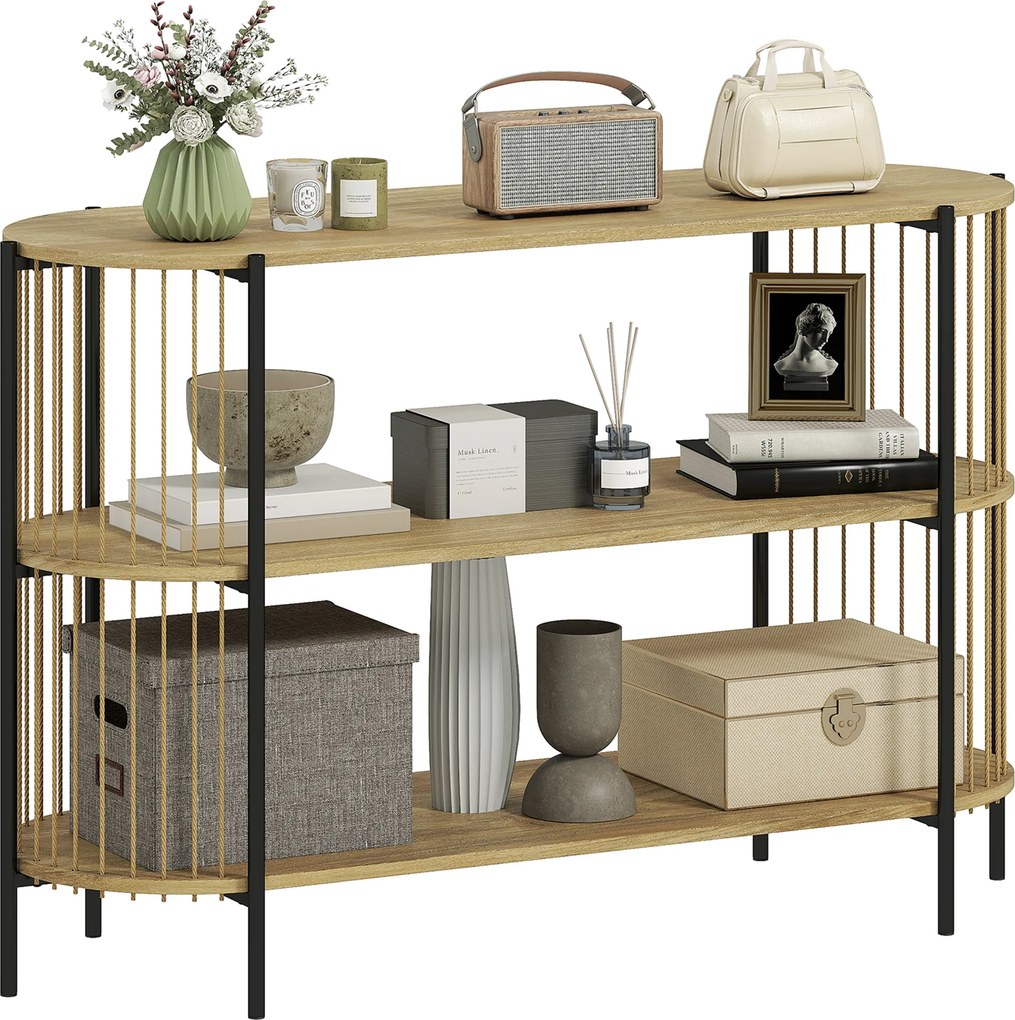 Mesa Consola com Corda de Papel Trançada à Mão Consola de Entrada de 3 Níveis com Estrutura de Aço Estilo Boémio 124x43,5x80 cm Madeira