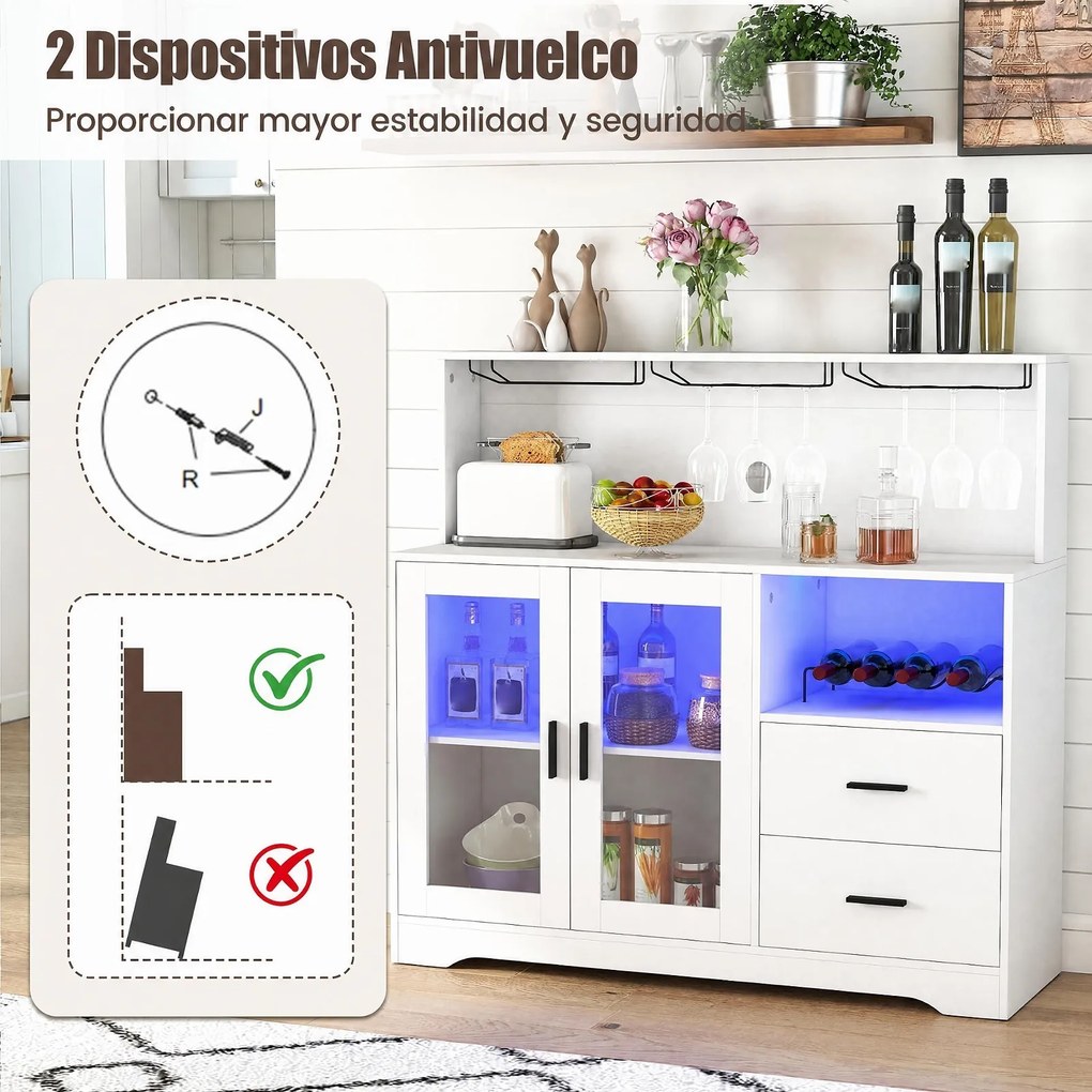 Armário Bar para Sala de Jantar, 120 x 40 x 115,5 cm, Iluminação LED de 7 Cores, Branco