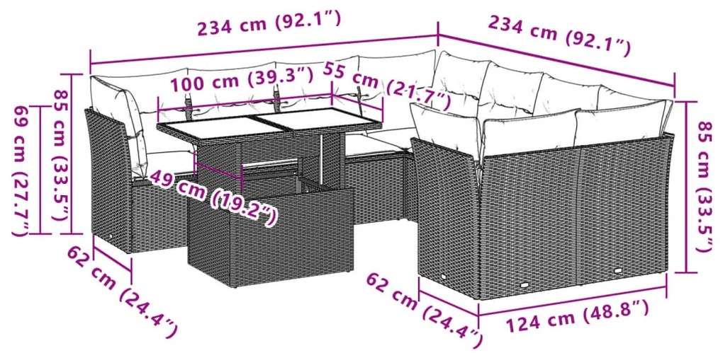 9 pcs conjunto de sofás p/ jardim com almofadões vime PE bege