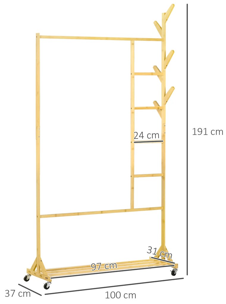 Suporte para Cabides de Bambu com Rodas Porta Cabides Multifuncional com 6 Ganchos Barra e Prateleira para Corredor Entrada Dormitório 100x37x191 cm M