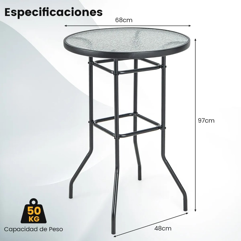 Mesa de Bar de jardim redonda com tampo de vidro temperado e estrutura metálica resistente a cargas de 50 kg 68 x 68 x 97 cm