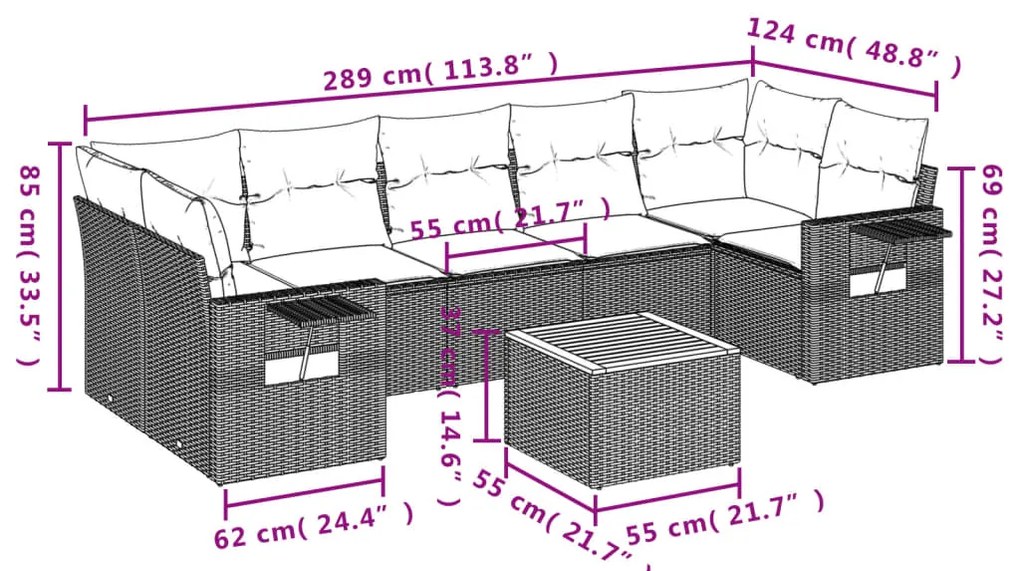 8 pcs conjunto sofás de jardim c/ almofadões vime PE cinzento