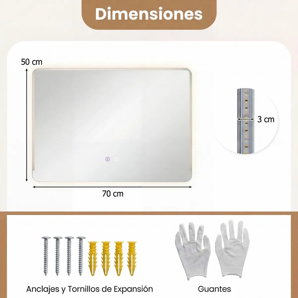 Espelho LED 70x50 cm para casa de banho com luz antiembaciamento e 3 cores reguláveis prateado