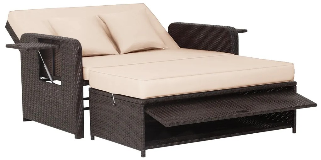 Conjunto sofá cama jardim de 2 lugares em rattan com pufe multifunções Tabuleiro lateral retrátil Encosto ajustável de 4 níveis Castanho