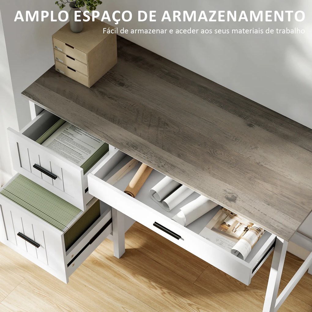 Secretária Rústica com 3 Gavetas e Bancada com Efeito Madeira Mesa para Computador para Estudo Escritório 120x50x76,2 cm Branco
