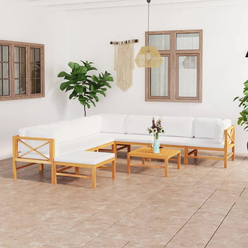 vidaXL 9 pcs conj. lounge jardim c/ almofadões cor creme teca maciça