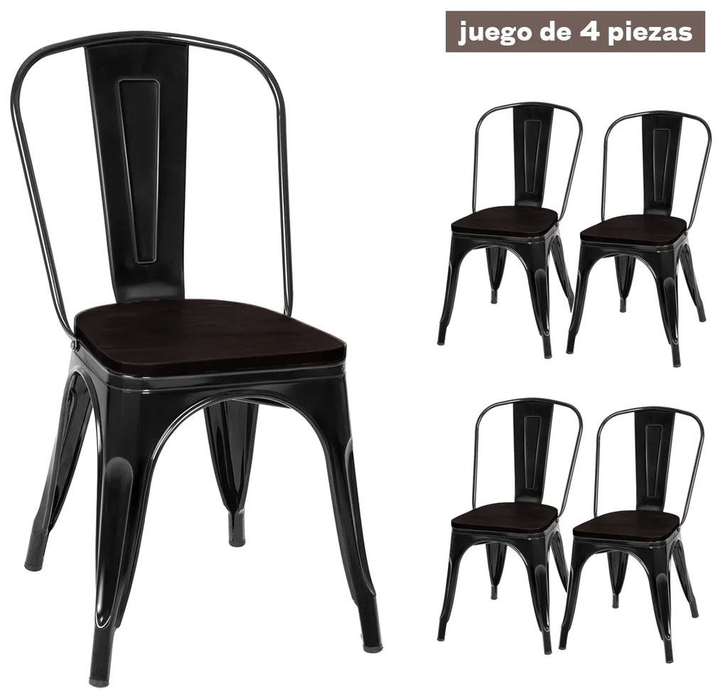 Conjunto 4 cadeiras empilháveis de metal com encosto e assento de madeira para casa cozinha bar 52 x 42 x 84 cm pretas