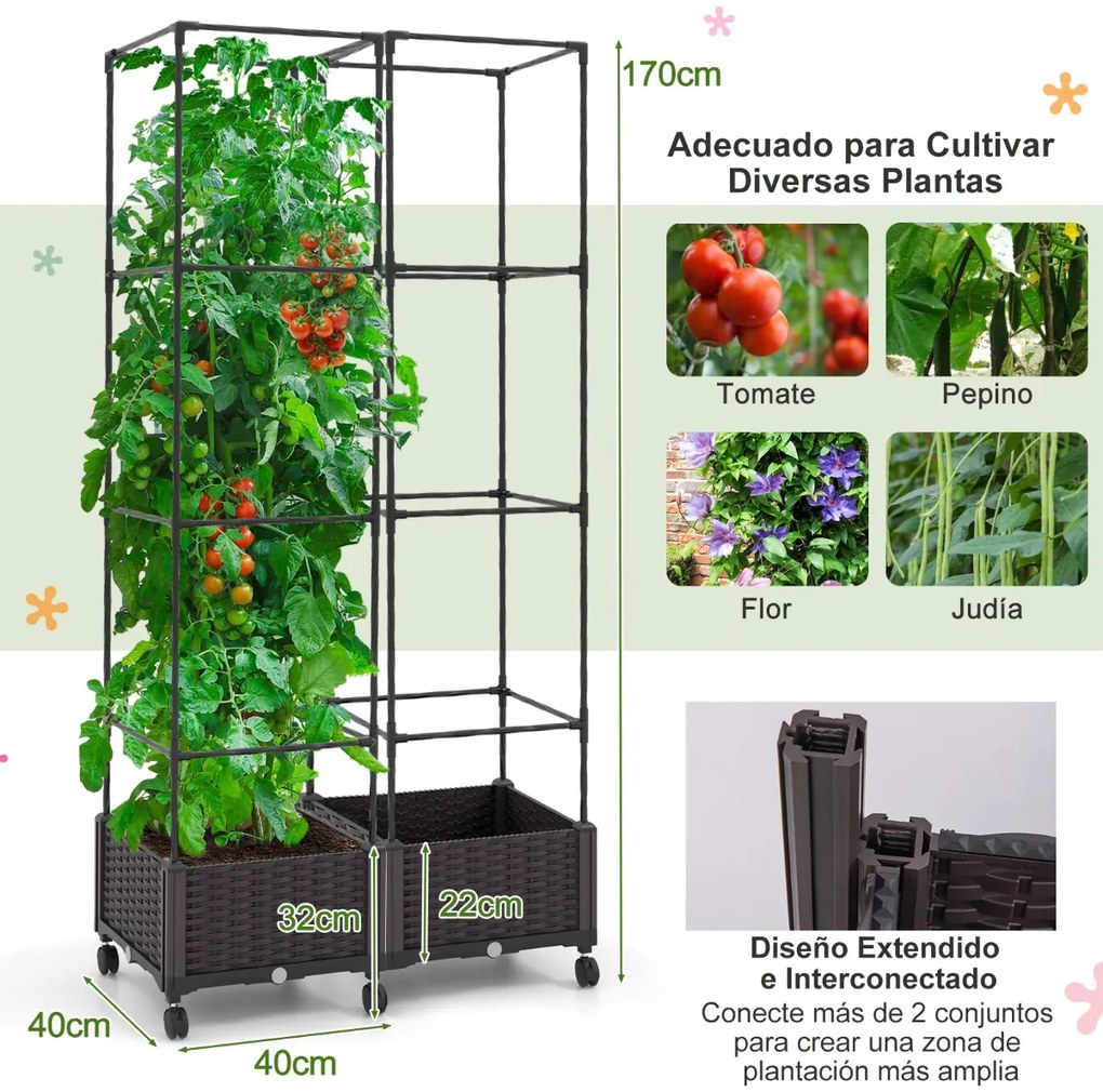 Floreira com treliça 170 cm Sistema de rega automático Rodas Vaso vertical para plantas trepadeiras Flores Vegetais