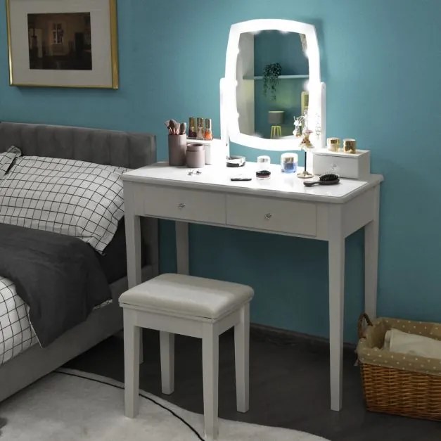 Conjunto de Toucador com Espelho Iluminado Giratório 360°, Mesa de Maquilhagem e Banco Acolchoado para Quarto Branco