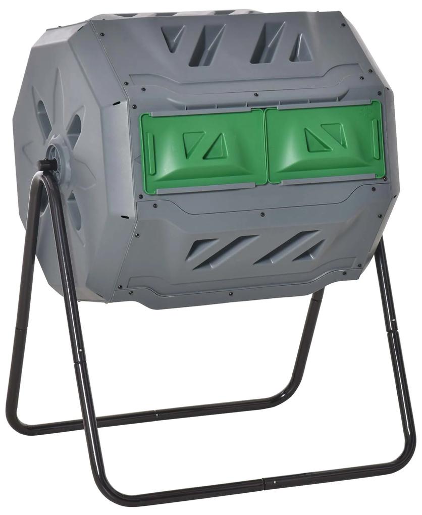 Compostor de Tambor Giratório com Capacidade 160L de Dupla Câmera e Ventilação para Resíduos 71x65x96 cm Cinza e Verde